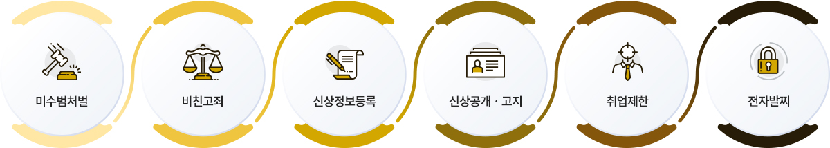 ① 미수범처벌, ② 비친고죄, ③ 신상정보등록, ④ 신상공개·고지, ⑤ 취업제한, ⑥ 전자발찌